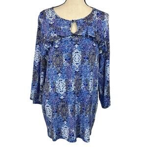 NY Collection X-Large Top Geometric 3/4 Sleeve Ruffled Keyhole Neck Stretch Blue